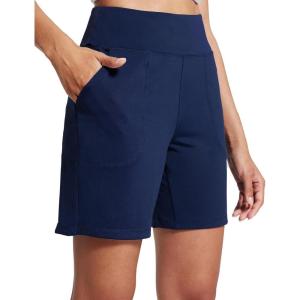 imageAJISAI Womens 65quot Athletic Long Shorts with Zippered Pockets High Waisted Bermuda Shorts for Walking Running CasualDark Blue