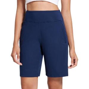 imageAJISAI Womens 9quot12quot High Waisted Bermuda Shorts with Zippered Pockets Knee Length Long Shorts for Women Workout AthleticDark Blue