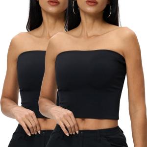 imageAJISAI Womens Double Lined Tube Tops Crop Going Out Tops Strapless Tank Summer Top 2025Black 2 Pack