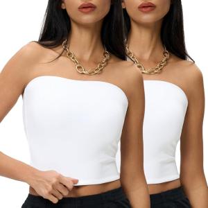 imageAJISAI Womens Double Lined Tube Tops Crop Going Out Tops Strapless Tank Summer Top 2025White 2 Pack