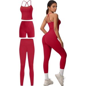 imageWomen 3 Piece Workout Sets Padded Tank Top Sports Bra Matching High Waist Biker Shorts ampamp Gym Yoga LeggingsAred
