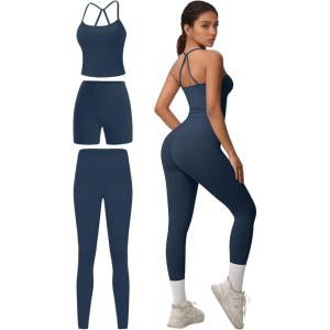 imageWomen 3 Piece Workout Sets Padded Tank Top Sports Bra Matching High Waist Biker Shorts ampamp Gym Yoga LeggingsNavy