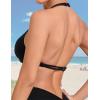 imageAJISAI Womens Halter Bikini Top Triangle V Neck Bathing Suit Top Low Impact Padded Sports BraBlack