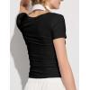 imageWomens Summer Soft Modal Ribbed TShirts with Lace Hem Short Sleeve Round Neck Tops Slim Fit Going Out TeesAblack
