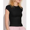 imageWomens Summer Soft Modal Ribbed TShirts with Lace Hem Short Sleeve Round Neck Tops Slim Fit Going Out TeesBlack