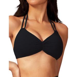 imageAJISAI Womens Halter Bikini Top Triangle V Neck Bathing Suit Top Low Impact Padded Sports BraBlack