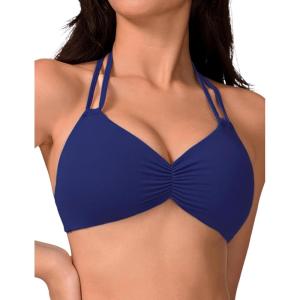 imageAJISAI Womens Halter Bikini Top Triangle V Neck Bathing Suit Top Low Impact Padded Sports BraDark Blue