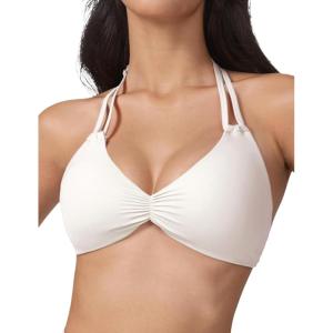 imageAJISAI Womens Halter Bikini Top Triangle V Neck Bathing Suit Top Low Impact Padded Sports BraOffwhite