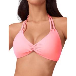imageAJISAI Womens Halter Bikini Top Triangle V Neck Bathing Suit Top Low Impact Padded Sports BraPeach Pink