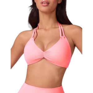 imageAJISAI Womens Halter Bikini Top Triangle V Neck Bathing Suit Top Low Impact Padded Sports BraPink