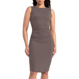 imageWomens Strechy Midi Bodycon Dress for Business Work Cocktai Party Sleeveless Ruched Pencil DressGrey Brown