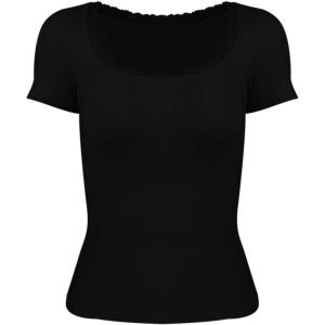 imageWomens Summer Soft Modal Ribbed TShirts with Lace Hem Short Sleeve Round Neck Tops Slim Fit Going Out TeesAblack