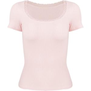 imageWomens Summer Soft Modal Ribbed TShirts with Lace Hem Short Sleeve Round Neck Tops Slim Fit Going Out TeesApink