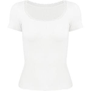 imageWomens Summer Soft Modal Ribbed TShirts with Lace Hem Short Sleeve Round Neck Tops Slim Fit Going Out TeesAwhite