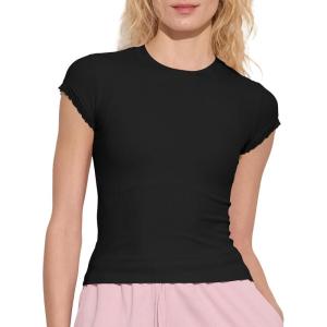 imageWomens Summer Soft Modal Ribbed TShirts with Lace Hem Short Sleeve Round Neck Tops Slim Fit Going Out TeesBlack
