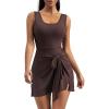 imageAJISAI Womens Summer Athletic Sleeveless Tennis Wrap Skirt Mini Dress Built in Shorts Golf Dress Workout Romper SkortBrown