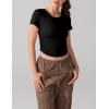 imageAJISAI Women Summer Soft Ribbed TShirts Side Ruched Short Sleeve Round Neck Tops Slim Fit Crop Basic Going Out TeesBlack