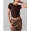 imageAJISAI Women Summer Soft Ribbed TShirts Side Ruched Short Sleeve Round Neck Tops Slim Fit Crop Basic Going Out TeesCoffee