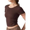 imageAJISAI Women Summer Soft Ribbed TShirts Side Ruched Short Sleeve Round Neck Tops Slim Fit Crop Basic Going Out TeesCoffee