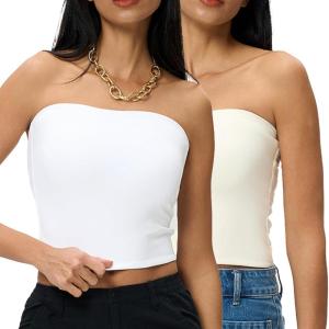 image2 Pack Womens Lined Tube Tops Going Out Crop Tops Strapless Tank Summer White Cream M