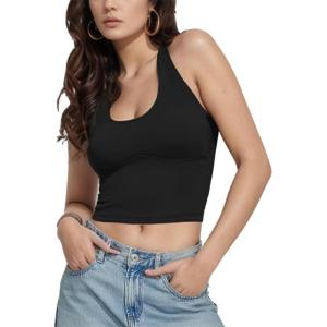 imageAJISAI Adjustable Halter TieNeck Top for Women Longline Fixed Padded Tank Double Lined Backless Going Out Crop TopsBlack