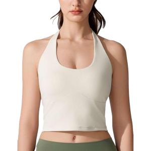 imageAJISAI Adjustable Halter TieNeck Top for Women Longline Fixed Padded Tank Double Lined Backless Going Out Crop TopsCream