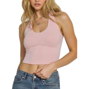 imageAJISAI Adjustable Halter TieNeck Top for Women Longline Fixed Padded Tank Double Lined Backless Going Out Crop TopsPink