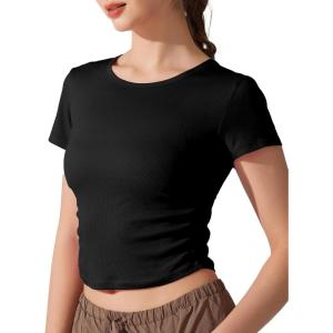 imageAJISAI Women Summer Soft Ribbed TShirts Side Ruched Short Sleeve Round Neck Tops Slim Fit Crop Basic Going Out TeesBlack