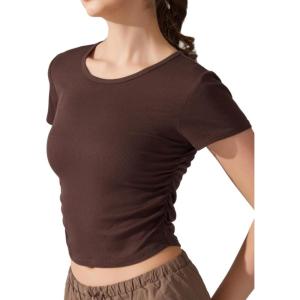 imageAJISAI Women Summer Soft Ribbed TShirts Side Ruched Short Sleeve Round Neck Tops Slim Fit Crop Basic Going Out TeesCoffee