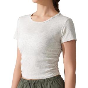 imageAJISAI Women Summer Soft Ribbed TShirts Side Ruched Short Sleeve Round Neck Tops Slim Fit Crop Basic Going Out TeesGrey