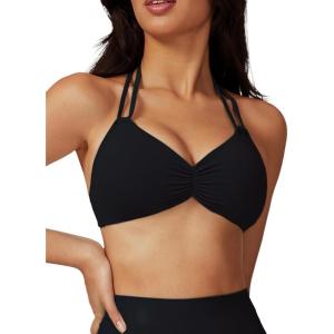 imageAJISAI Womens Halter Bikini Top Triangle V Neck Bathing Suit Top Low Impact Padded Sports Bra Active Black M
