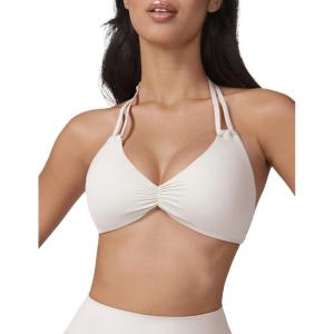 imageAJISAI Womens Halter Bikini Top Triangle V Neck Bathing Suit Top Low Impact Padded Sports Bra Ivory White M