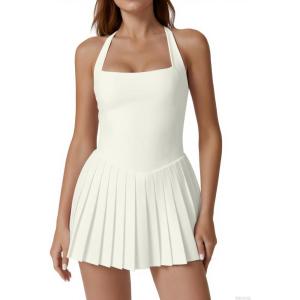 imageWomen Pleated Tennis Dress with Shorts Adjustable Strap Golf Dresses Athletic Workout Skort with PocketsOffwhite
