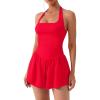 imageAJISAI Halter Athletic Romper with Shorts Workout Outfits with Pockets Casual One Piece Jumpsuits for Women 2025Red