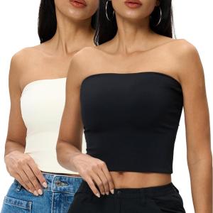 image2 Pack Womens Lined Tube Tops Going Out Crop Tops Strapless Tank Summer Black Cream M