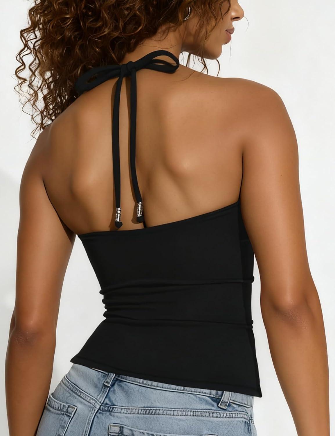 imageAJISAI Womens Adjustable Halter Tie Tank Top 2025 Y2K Double Lined Side Split Backless CamisoleBlack