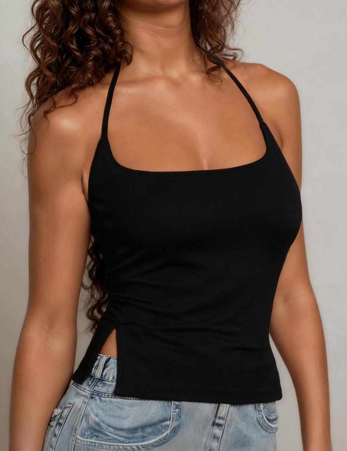 imageAJISAI Womens Adjustable Halter Tie Tank Top 2025 Y2K Double Lined Side Split Backless CamisoleBlack