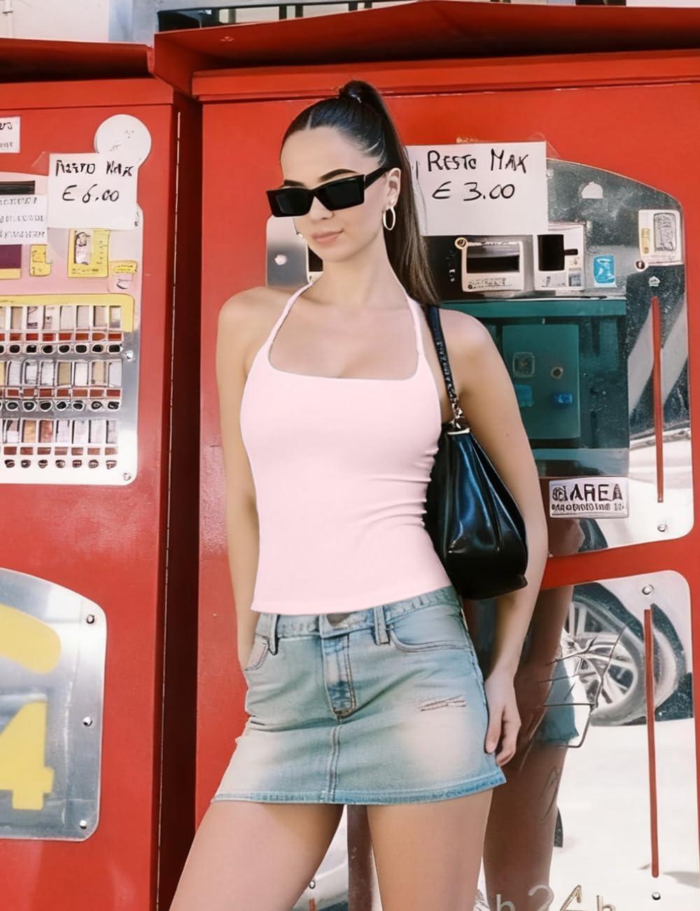 imageAJISAI Womens Adjustable Halter Tie Tank Top 2025 Y2K Double Lined Side Split Backless CamisolePink