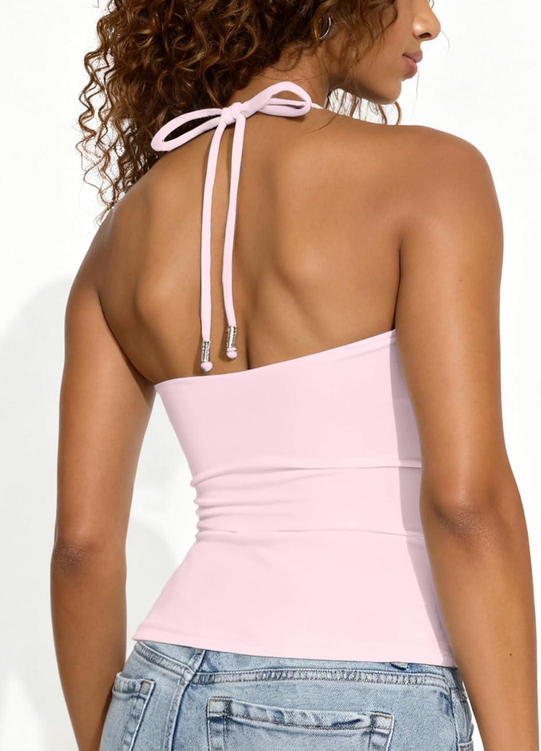 imageAJISAI Womens Adjustable Halter Tie Tank Top 2025 Y2K Double Lined Side Split Backless CamisolePink