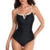 imageAJISAI Women One Piece Tummy Control Swimsuit Slimming Ruched Backless Bathing Suit Padded SwimwearBlack White Vneck