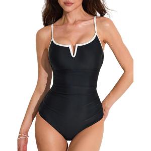 imageAJISAI Women One Piece Tummy Control Swimsuit Slimming Ruched Backless Bathing Suit Padded SwimwearBlack White Vneck