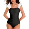 imageAJISAI One Piece Swimsuit for Women Ruffle Tummy Control Ruched Bathing Suit Backless Padded SwimwearBlack White