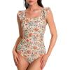 imageAJISAI One Piece Swimsuit for Women Ruffle Tummy Control Ruched Bathing Suit Backless Padded SwimwearOrange Floral