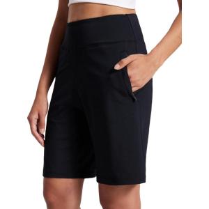 imageAJISAI Womens 912 High Waisted Bermuda Shorts with Zippered Pockets Knee Length Long Shorts for Women Workout AthleticBlack