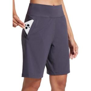 imageAJISAI Womens 912 High Waisted Bermuda Shorts with Zippered Pockets Knee Length Long Shorts for Women Workout AthleticDark Grey