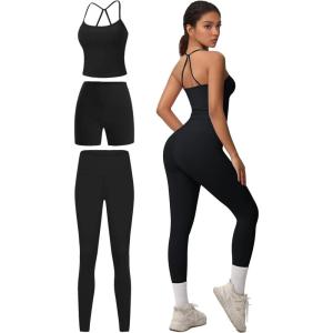 imageWomen 3 Piece Workout Sets Padded Tank Top Sports Bra Matching High Waist Biker Shorts amp Gym Yoga LeggingsBlack